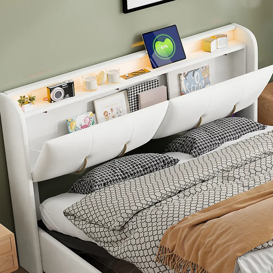 Simple Life Lit coffre 140x200 cm avec LED, sommier à lattes, USB Type-C, capitonné velours blanc Online