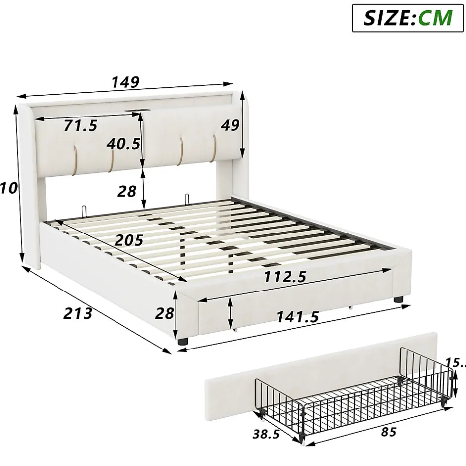 Simple Life Lit coffre 140x200 cm avec LED, sommier à lattes, USB Type-C, capitonné velours blanc Online