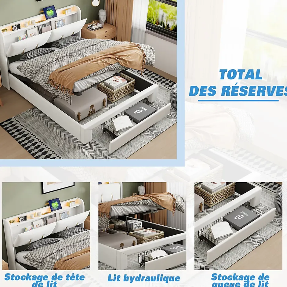 Simple Life Lit coffre 140x200 cm avec LED, sommier à lattes, USB Type-C, capitonné velours blanc Online