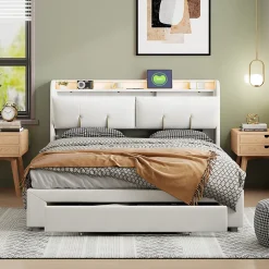 Simple Life Lit coffre 140x200 cm avec LED, sommier à lattes, USB Type-C, capitonné velours blanc Online