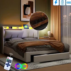 Simple Life Lit Coffre 140x200 Cm Avec LED, Sommier à Lattes, USB Type-c, Capitonné Velours Blanc