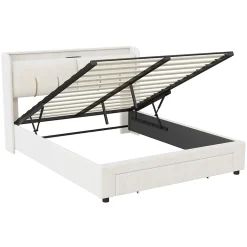 Simple Life Lit Coffre 140x200 Cm Avec LED, Sommier à Lattes, USB Type-c, Capitonné Velours Blanc