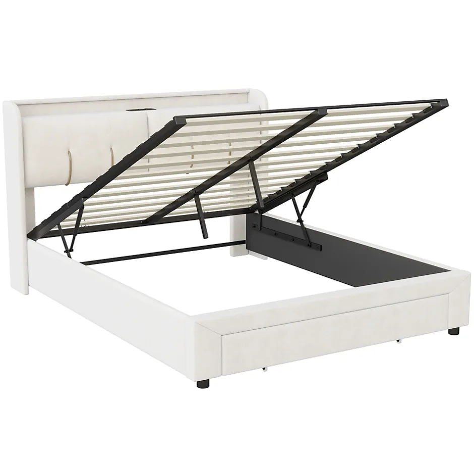 Simple Life Lit Coffre 140x200 Cm Avec LED, Sommier à Lattes, USB Type-c, Capitonné Velours Blanc