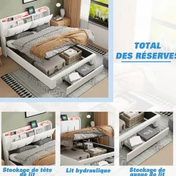 Simple Life Lit Coffre 140x200 Cm Avec LED, Sommier à Lattes, USB Type-c, Capitonné Velours Blanc