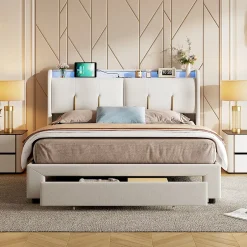Simple Life Lit Coffre 140x200 Cm Avec LED, Sommier à Lattes, USB Type-c, Capitonné Velours Blanc