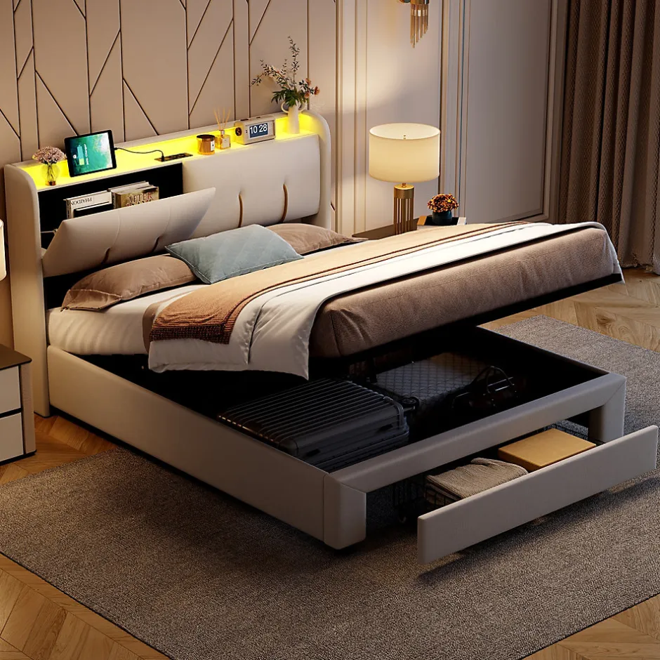 Simple Life Lit Coffre 140x200 Cm Avec LED, Sommier à Lattes, USB Type-c, Capitonné Velours Blanc