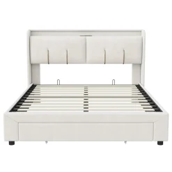 Simple Life Lit Coffre 140x200 Cm Avec LED, Sommier à Lattes, USB Type-c, Capitonné Velours Blanc