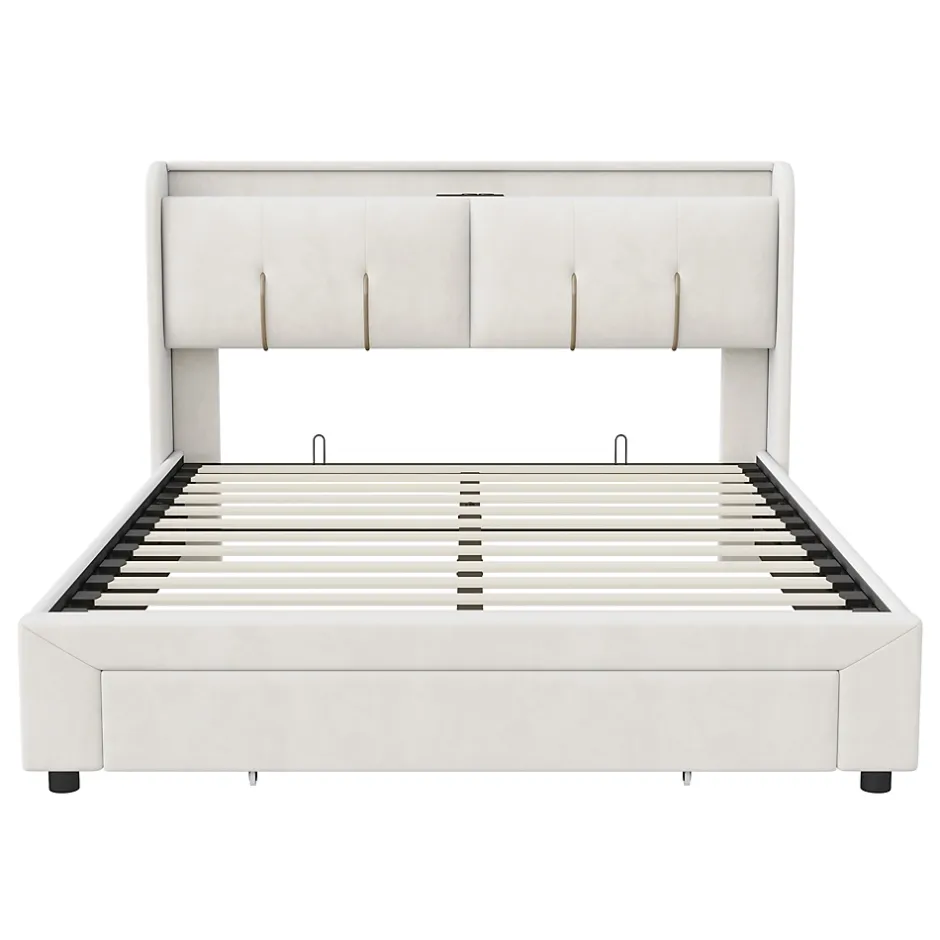 Simple Life Lit Coffre 140x200 Cm Avec LED, Sommier à Lattes, USB Type-c, Capitonné Velours Blanc