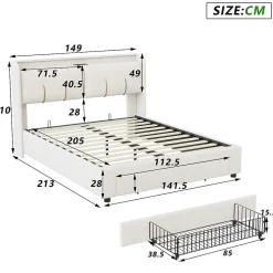 Simple Life Lit Coffre 140x200 Cm Avec LED, Sommier à Lattes, USB Type-c, Capitonné Velours Blanc