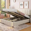 Simple Life Lit coffre 160x200 cm avec rangement, capitonné velours beige, sommier LED, lattes