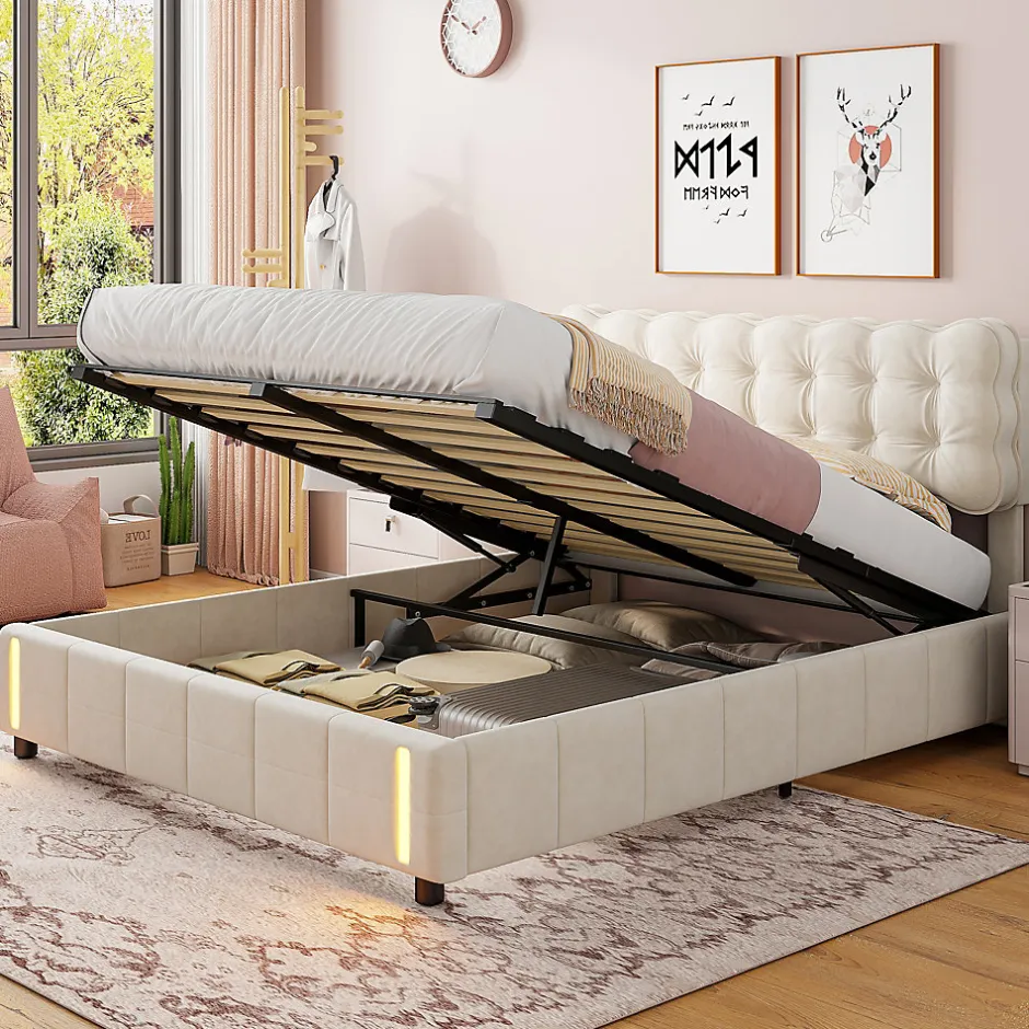 Simple Life Lit coffre 160x200 cm avec rangement, capitonné velours beige, sommier LED, lattes