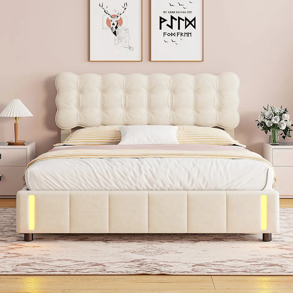Simple Life Lit coffre 160x200 cm avec rangement, capitonné velours beige, sommier LED, lattes