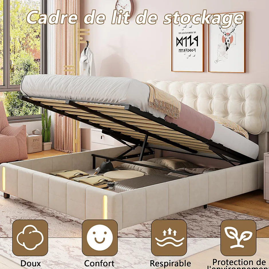 Simple Life Lit coffre 160x200 cm avec rangement, capitonné velours beige, sommier LED, lattes