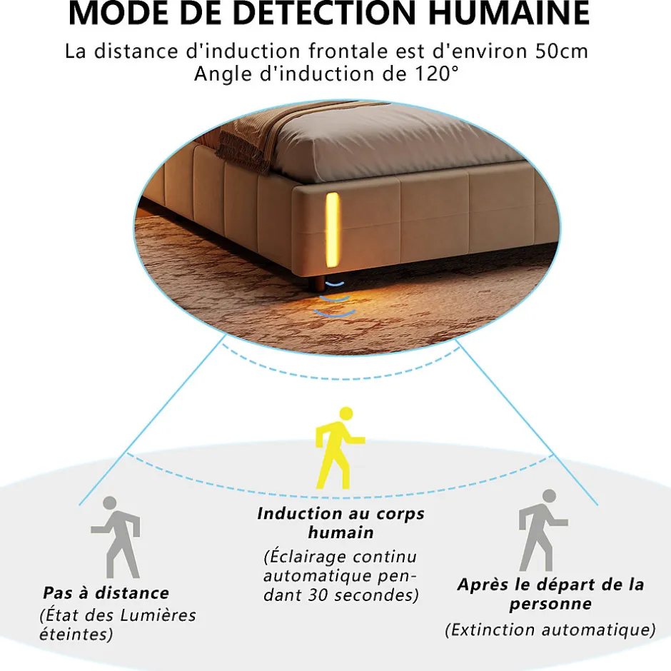 Simple Life Lit coffre 160x200 cm avec rangement, capitonné velours beige, sommier LED, lattes