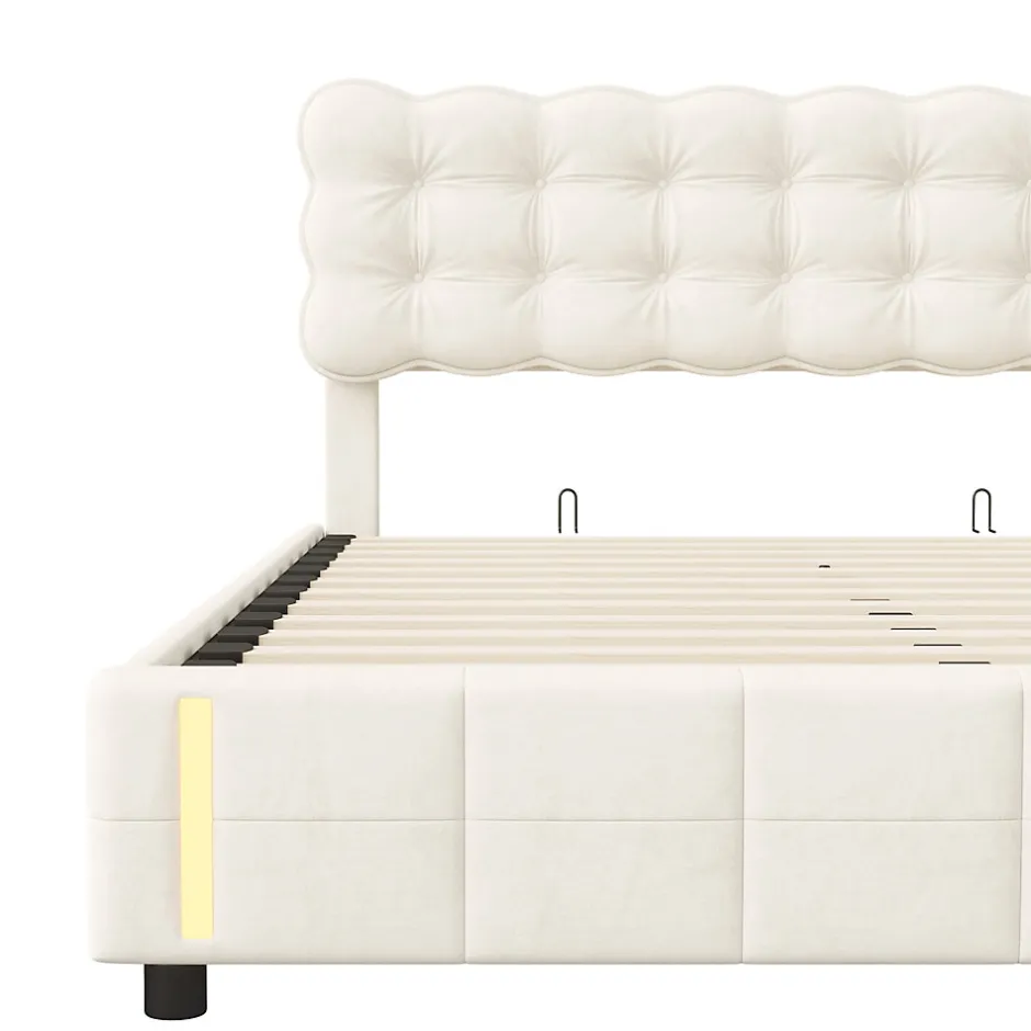 Simple Life Lit coffre 160x200 cm avec rangement, capitonné velours beige, sommier LED, lattes