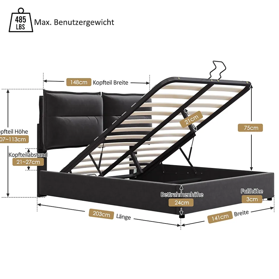 Okwish Lit Coffre 140x200 cm avec Rangement, Lit Double Adulte avec Tête Réglable et Sommier en Velours - Noir, Sans Matelas Online