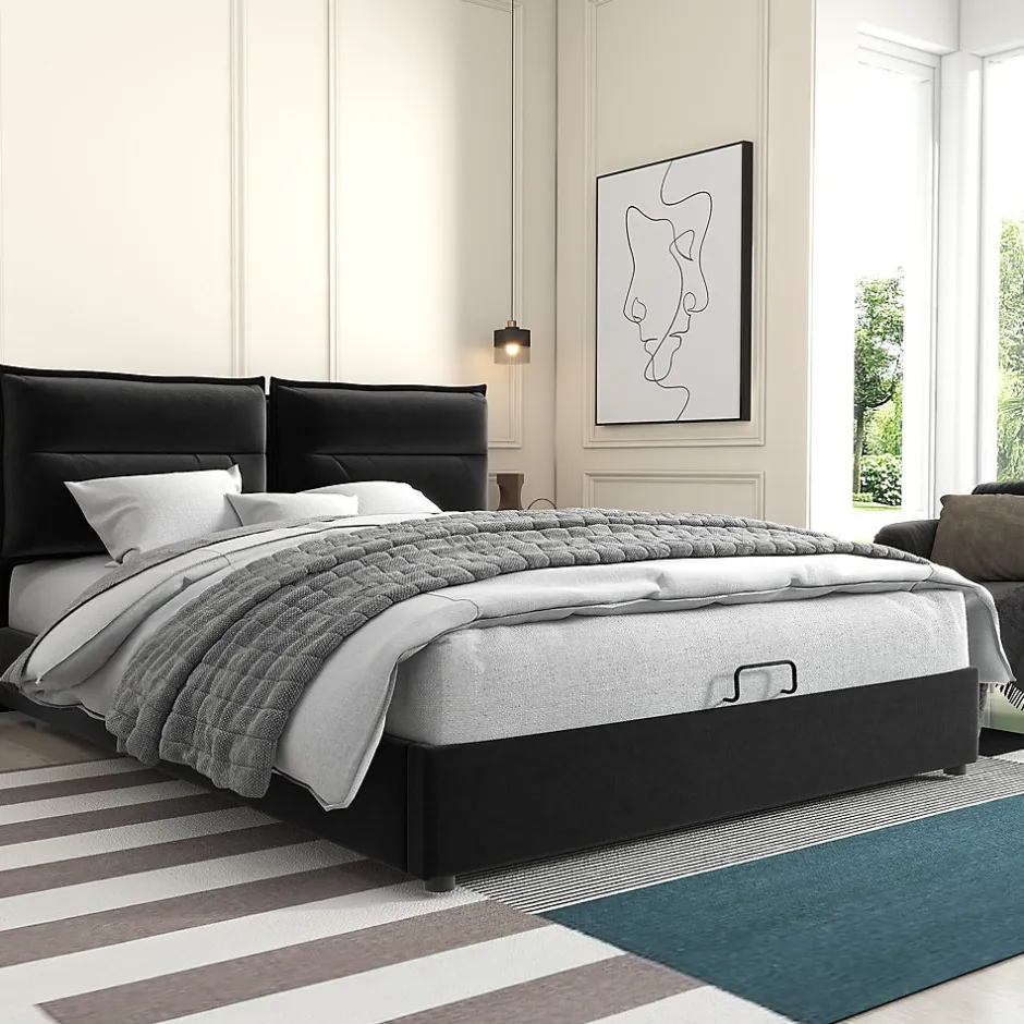 Okwish Lit Coffre 140x200 cm avec Rangement, Lit Double Adulte avec Tête Réglable et Sommier en Velours - Noir, Sans Matelas Online