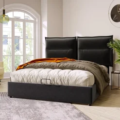 Okwish Lit Coffre 140x200 cm avec Rangement, Lit Double Adulte avec Tête Réglable et Sommier en Velours - Noir, Sans Matelas Online