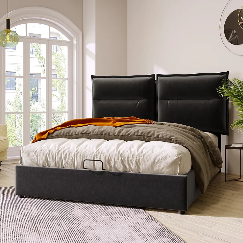 Okwish Lit Coffre 140x200 cm avec Rangement, Lit Double Adulte avec Tête Réglable et Sommier en Velours - Noir, Sans Matelas Online