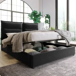 Okwish Lit Coffre 140x200 cm avec Rangement, Lit Double Adulte avec Tête Réglable et Sommier en Velours - Noir, Sans Matelas Online