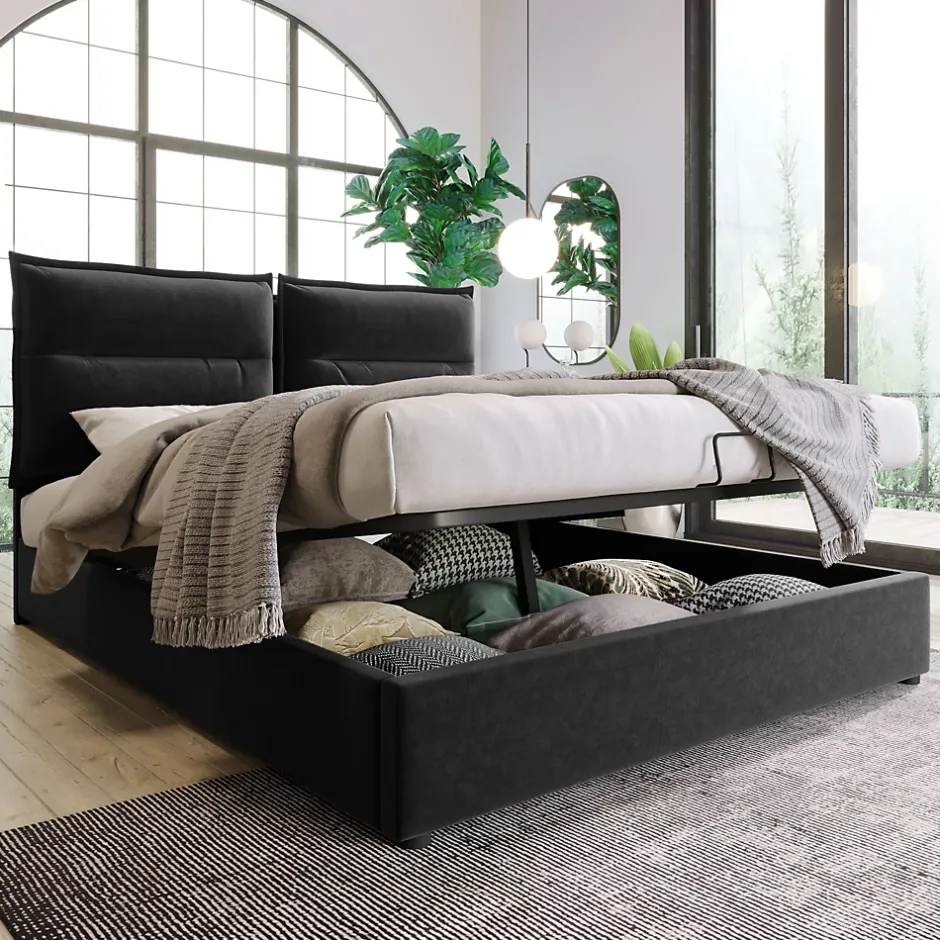 Okwish Lit Coffre 140x200 cm avec Rangement, Lit Double Adulte avec Tête Réglable et Sommier en Velours - Noir, Sans Matelas Online