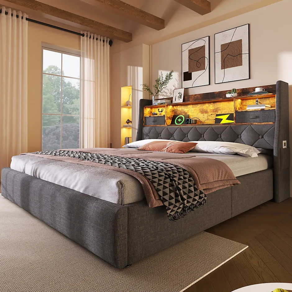 Okwish Lit coffre 140x200 cm avec rangement et tête de lit LED, ports USB et Type-C intégrés - lit double capitonné gris