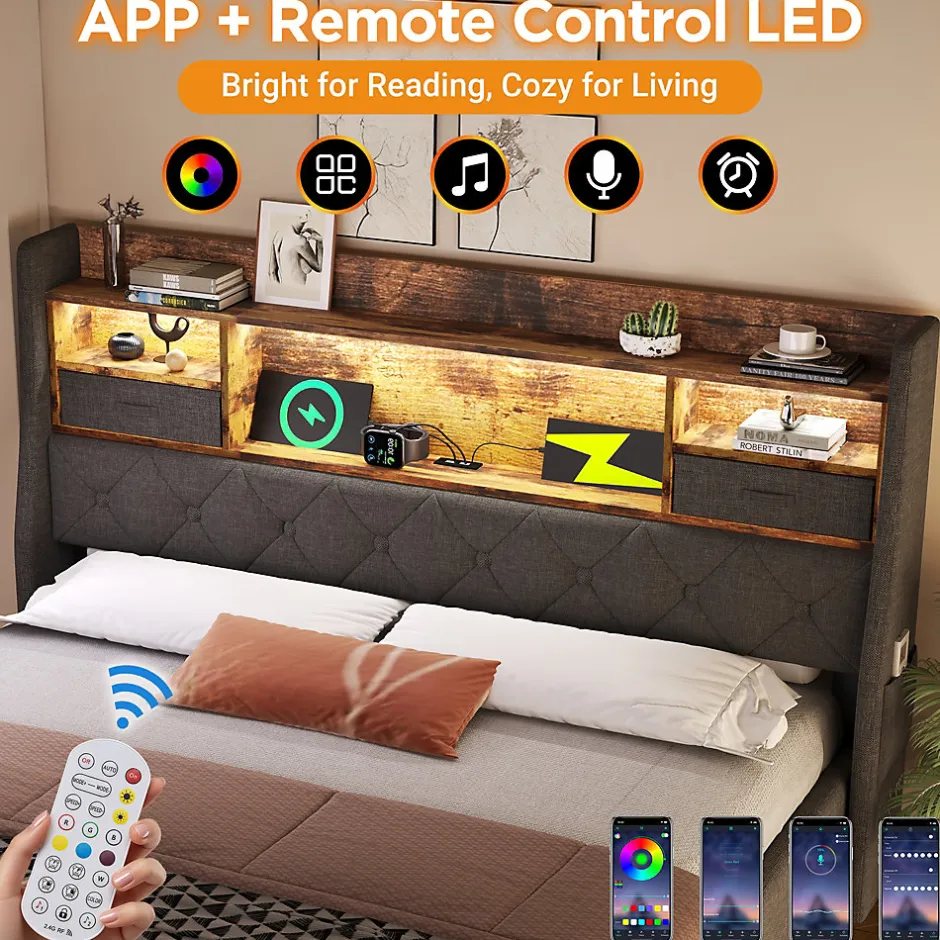 Okwish Lit coffre 140x200 cm avec rangement et tête de lit LED, ports USB et Type-C intégrés - lit double capitonné gris