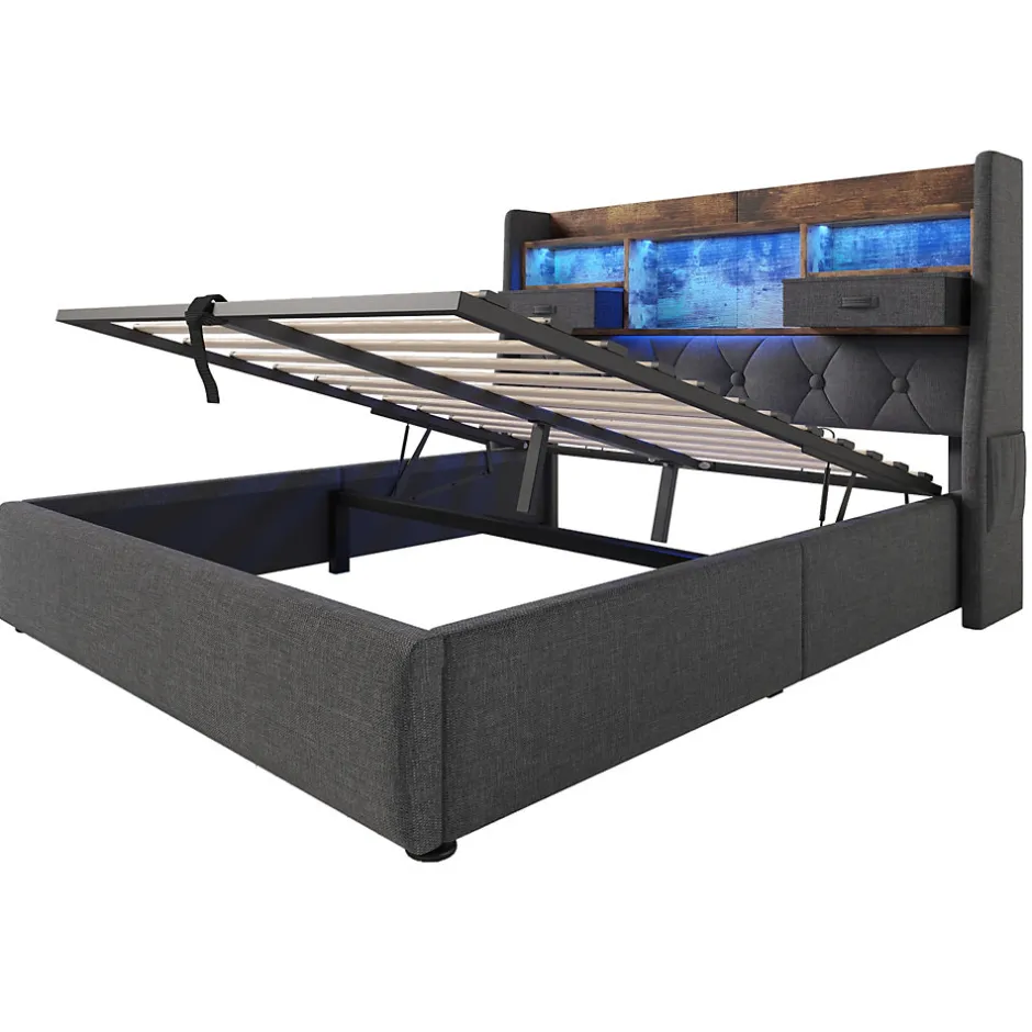 Okwish Lit coffre 140x200 cm avec rangement et tête de lit LED, ports USB et Type-C intégrés - lit double capitonné gris