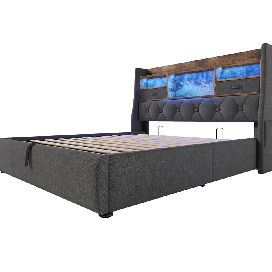 Okwish Lit coffre 140x200 cm avec rangement et tête de lit LED, ports USB et Type-C intégrés - lit double capitonné gris