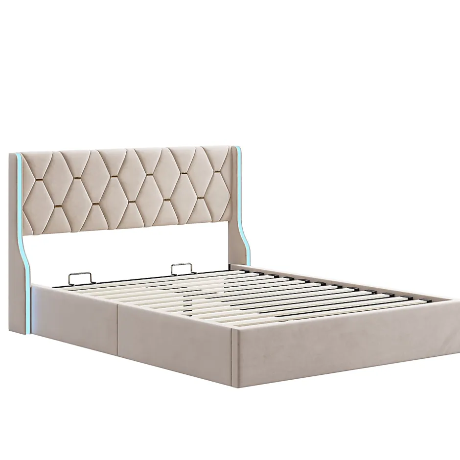 Fortuna lai Lit Coffre 160x200 cm avec Rangement et LED,Cadre de lit avec sommier à Lattes,Velours,Beige Outlet