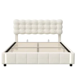 Simple Life Lit coffre 140x200 cm avec rangement, capitonné velours beige, sommier LED, lattes Sale
