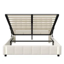 Simple Life Lit coffre 140x200 cm avec rangement, capitonné velours beige, sommier LED, lattes Sale
