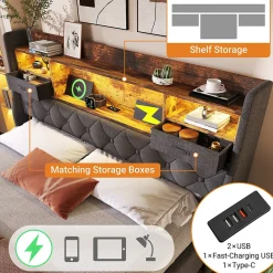 Okwish Lit coffre 180x200 cm avec rangement et tête de lit LED, ports USB et Type-C intégrés - lit double capitonné gris