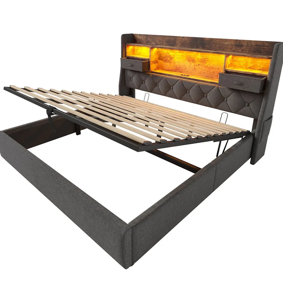 Okwish Lit coffre 180x200 cm avec rangement et tête de lit LED, ports USB et Type-C intégrés - lit double capitonné gris