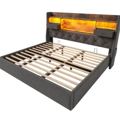 Okwish Lit coffre 180x200 cm avec rangement et tête de lit LED, ports USB et Type-C intégrés - lit double capitonné gris