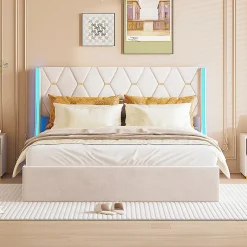 Simple Life Lit Coffre 160x200 Cm Avec Rangement Et LED,cadre De Lit Avec Sommier à Lattes,velours,beige