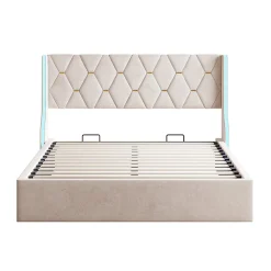 Simple Life Lit Coffre 160x200 Cm Avec Rangement Et LED,cadre De Lit Avec Sommier à Lattes,velours,beige