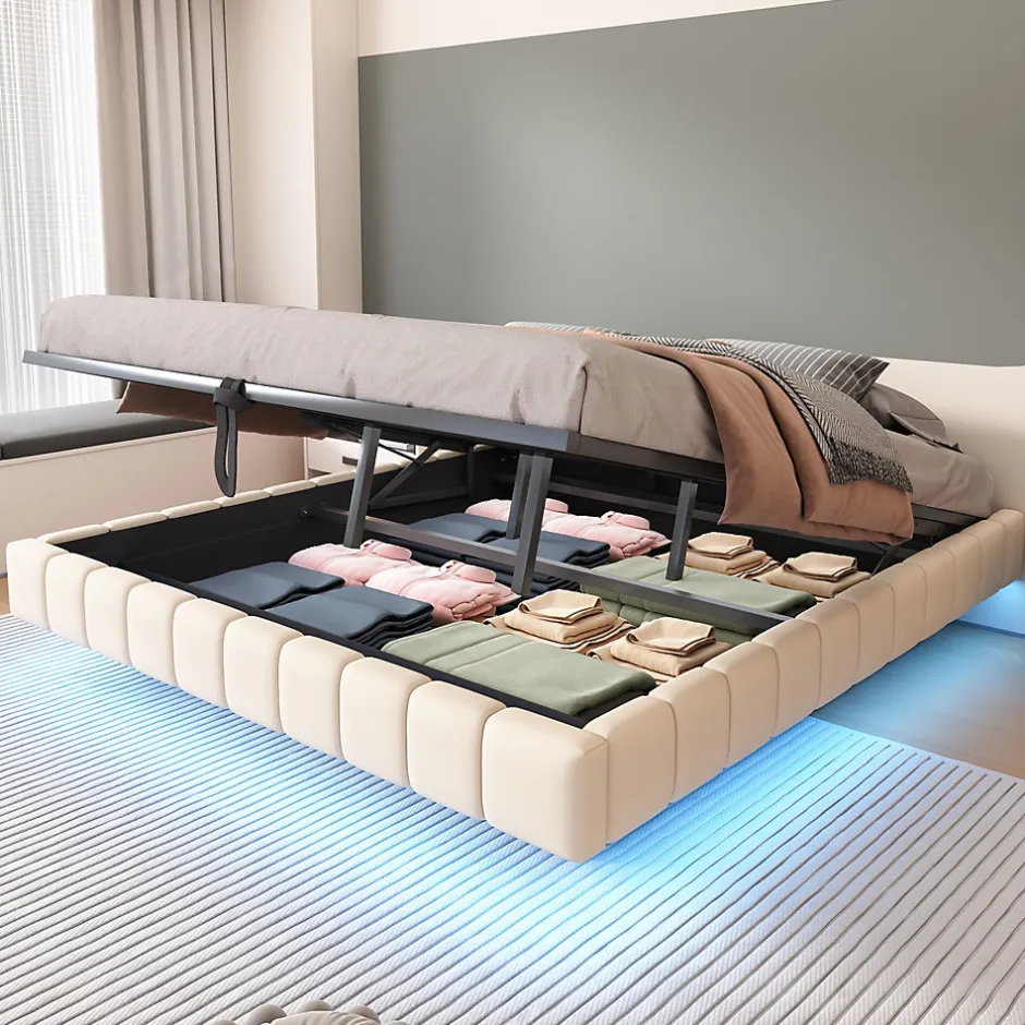 Okwish Lit Coffre 180x200 cm avec Sommier Relevable - Lit Double avec Rangement et Bande LED Intégrée - Tissu Beige - Sans Matelas