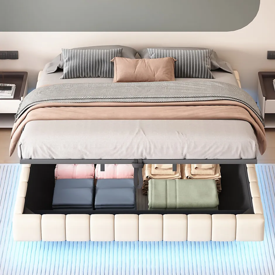 Okwish Lit Coffre 180x200 cm avec Sommier Relevable - Lit Double avec Rangement et Bande LED Intégrée - Tissu Beige - Sans Matelas