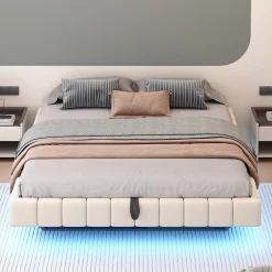 Okwish Lit Coffre 180x200 cm avec Sommier Relevable - Lit Double avec Rangement et Bande LED Intégrée - Tissu Beige - Sans Matelas
