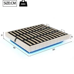 Okwish Lit Coffre 180x200 cm avec Sommier Relevable - Lit Double avec Rangement et Bande LED Intégrée - Tissu Beige - Sans Matelas
