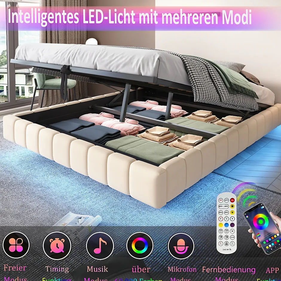 Okwish Lit Coffre 180x200 cm avec Sommier Relevable - Lit Double avec Rangement et Bande LED Intégrée - Tissu Beige - Sans Matelas