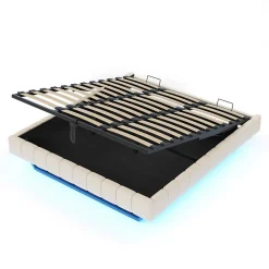 Okwish Lit Coffre 180x200 cm avec Sommier Relevable - Lit Double avec Rangement et Bande LED Intégrée - Tissu Beige - Sans Matelas