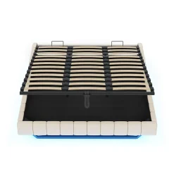 Okwish Lit Coffre 180x200 cm avec Sommier Relevable - Lit Double avec Rangement et Bande LED Intégrée - Tissu Beige - Sans Matelas