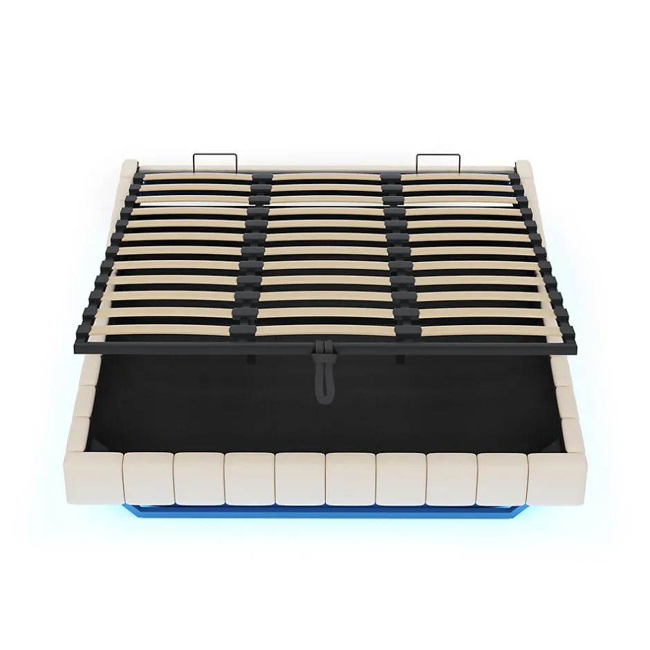 Okwish Lit Coffre 180x200 cm avec Sommier Relevable - Lit Double avec Rangement et Bande LED Intégrée - Tissu Beige - Sans Matelas