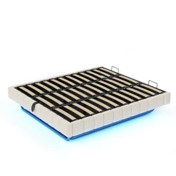 Okwish Lit Coffre 180x200 cm avec Sommier Relevable - Lit Double avec Rangement et Bande LED Intégrée - Tissu Beige - Sans Matelas