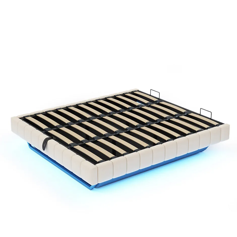 Okwish Lit Coffre 180x200 cm avec Sommier Relevable - Lit Double avec Rangement et Bande LED Intégrée - Tissu Beige - Sans Matelas