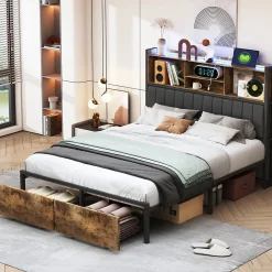 ProximaX Lit Coffre 160x200 cm avec sommier à lattes, LED, 2 tiroirs, tête de lit capitonnée en PU, cadre métallique robuste