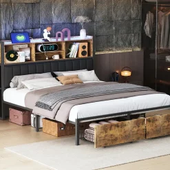ProximaX Lit Coffre 160x200 cm avec sommier à lattes, LED, 2 tiroirs, tête de lit capitonnée en PU, cadre métallique robuste