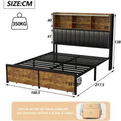 ProximaX Lit Coffre 160x200 cm avec sommier à lattes, LED, 2 tiroirs, tête de lit capitonnée en PU, cadre métallique robuste